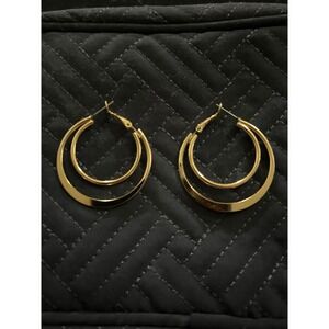 Gold Tone Double Hoop‎ Earrings Fashion Jewelry Trendy Minimalist Style